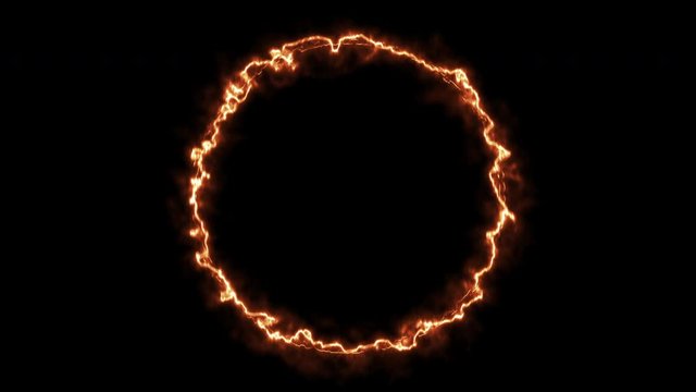 Empty circle, wheel frame with electric power border glowing, burning flame sign. Blank circle fire with electric power around frame lights. The best stock of animation round orange electric power