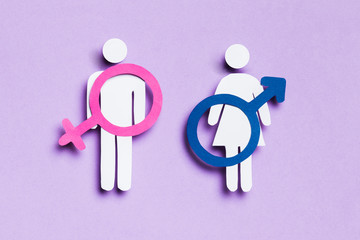 Cartoon woman and man with feminine and masculine signs on them