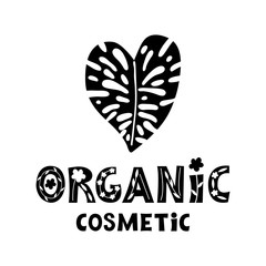 Lettering organic cosmetics decorated with leaf in the shape of a heart. Black text on a white background. Hand drawn logo for brand of natural eco cosmetics. Flat vector decorative typography.