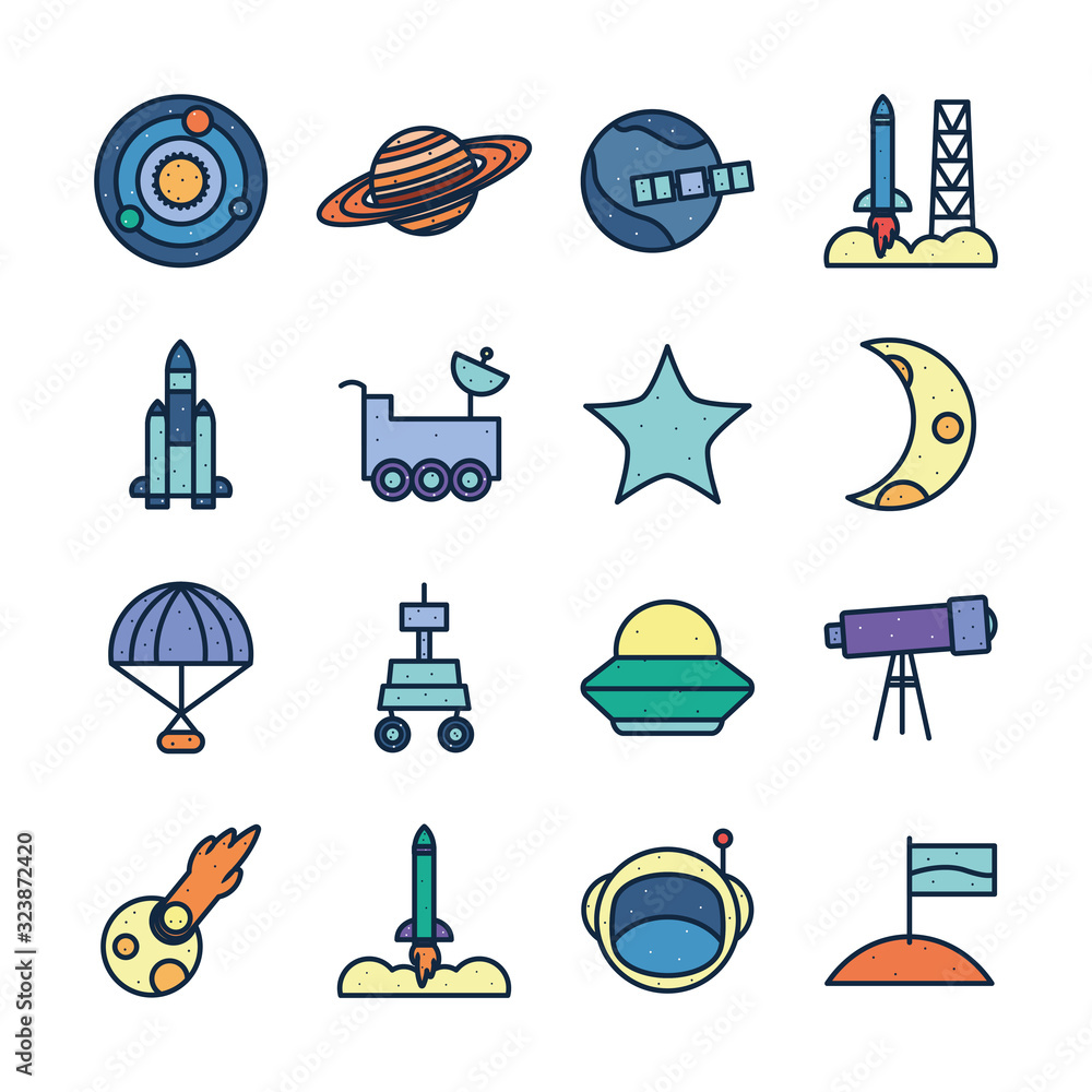 Poster isolated space line fill style icon set vector design