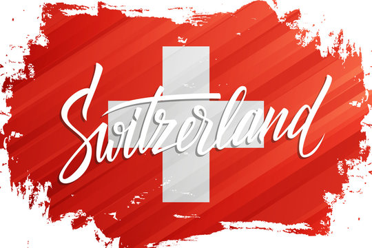 Handwritten word Switzerland with swiss national flag brush stroke background. Swiss Confederation hand drawn lettering. Vector illustration.