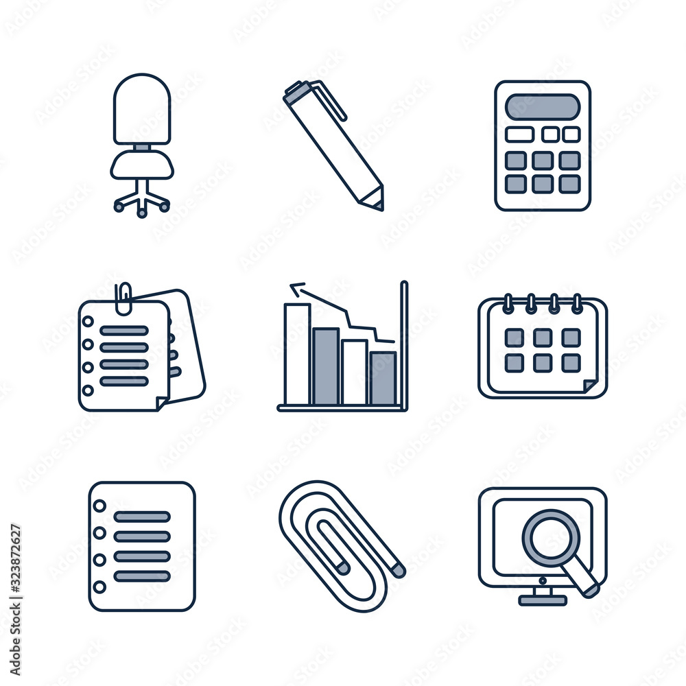 Poster isolated office half line half color style icon set vector design