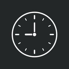 Clock icon symbol. Simple shape watch sign. Time logo. White silhouette isolated on black background. Vector illustration image.