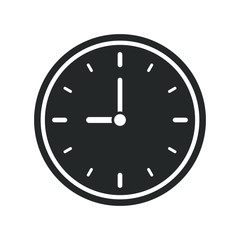 Clock icon symbol. Simple shape watch sign. Time logo. White silhouette isolated on black background. Vector illustration image.