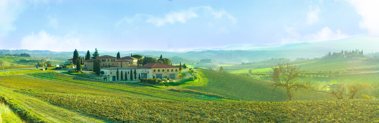 Fototapeta na wymiar Landscape of Tuscany beautifully illuminated by the sun immersed in the green and blue sky.