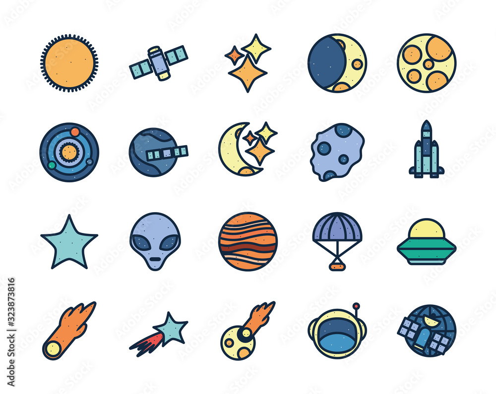 Poster isolated space line fill style icon set vector design