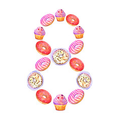 Number eight made from cupcakes watercolor stock illustration. Happy Women's Day. March 8