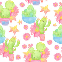 Cute baby illustration. Seamless pattern. Cartoon watercolor with green joyful cacti, flags, flowers. Isolated on a white background.