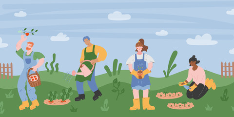 Obraz na płótnie Canvas People in garden, spring scene with women and man working in garden, watering and planting seedlings, modern cartoon flat illustration. Cute friends characters gardening, farming process, vector art