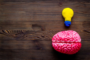 Brainstorm concept. Brain and bulb on dark wooden background top-down copy space