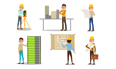 Set of men engineers in helmets during work vector illustration