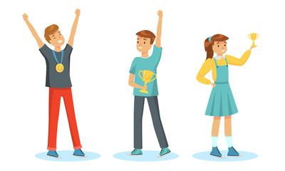 Set of children winners happy with victory vector illustration