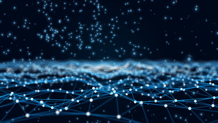 Abstract wave. Connecting dots and lines on dark background. Data technology background. 3d rendering. Network connection.