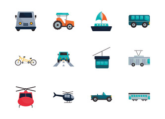 Isolated transportation vehicles flat style icon set vector design