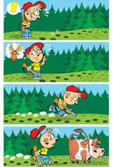 Vector illustration with children and animals. A boy with a hunting rifle searches for traces of an elk in the forest. Comic book page for children in cartoon style for printing in children's publicat