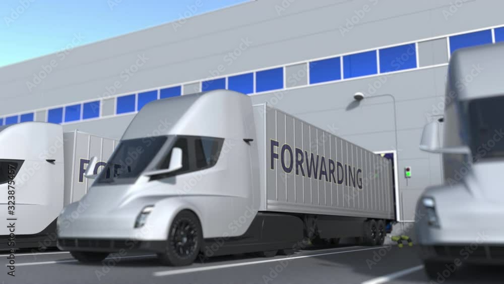 Aufkleber trailer trucks with forwarding text being loaded or unloaded at warehouse. loopable 3d animation