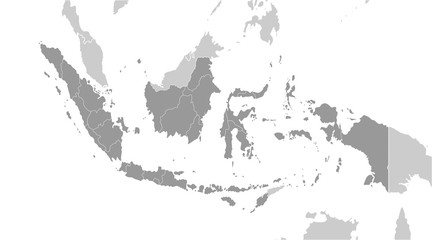Vector modern illustration. Simplified grey geographical  map of Indonesia and neighboring countries (Malaysia, Brunei and etc). White background. Border of Indonesian provinces