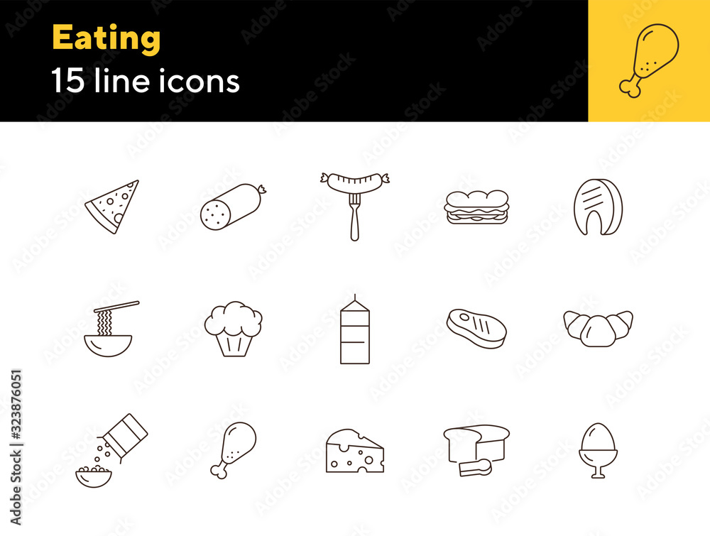 Poster Eating line icons. Set of line icons. Sausage on fork, steak, slice of pizza. Food concept. Vector illustration can be used for topics like meals, eating, nourishment