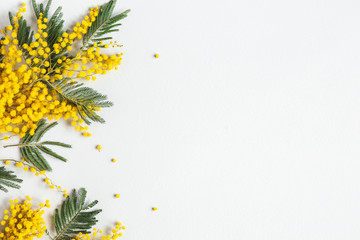 Flowers composition. Mimosa flowers on gray background. Spring concept. Flat lay, top view - 323876092