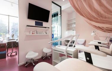 Spa center pink interior with room for pedicure
