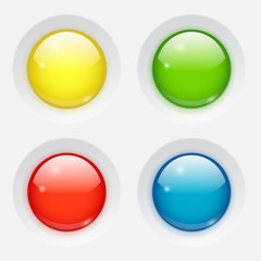 Glossy round web buttons on gray backround. Vector set of 3d shiny glass spheres. Glowing icons in shape of circle for website, app and internet design