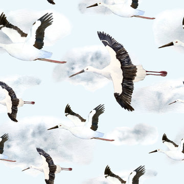 watercolor hand drawn seamless pattern with oriental stork crane flying sky cloud neutral calm soft natural colors grey blue white endangered species birds animals for nature lovers  new born baby