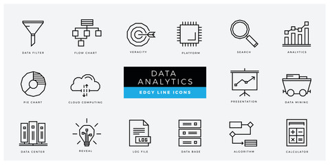 Data Analytics an AI icon set - minimal thin outline, web icon and symbol collection – Data filter, veracity, platform, analytics, cloud computing, mining, reveal. Simple edgy vector illustration.