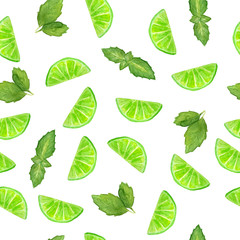 seamless watercolor hand drawn pattern with green mint lime slices vibrant intense bright tropical summer colors for restaurant cafe food herbs plants fruits leaf leaves