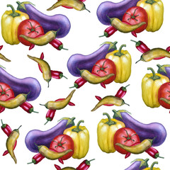 seamless watercolor hand drawn pattern with healthy fresh organic colorful vegetables purple eggplant yellow green bell pepper red tomato chili pepper vegan vegatarian food bright intense harvest