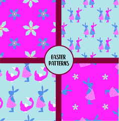 EASTER SEAMLESS PATTERNS. set of abstract vector paper with decorative flowers, shapes and symbols of easter day.