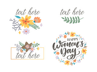 8 march. Happy Woman's Day Vector congratulation card with linear floral wreath