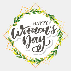 Woman s Day text design with flowers and hearts on square background. Vector illustration. Woman s Day greeting calligraphy design in pink colors. Template for a poster, cards, banner.