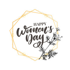 8 march. Happy Woman's Day Vector congratulation card with linear floral wreath