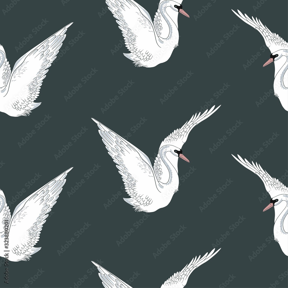 Poster seamless animalistic pattern with swan for surface design. graceful swan spread its wings on a dark 