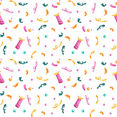 Digital art cute bright birthday seamless pattern with confetti on a white background. Print for wrapping paper, cards, banners, web design, fabrics, packaging, gift bags and boxes.
