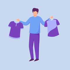 man thinking to choose clothes between two shirts