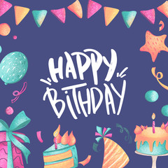 Digital art happy birthday square greeting card with inscription, cake, confetti on a blue background. Print for wrapping paper, cards, web design, fabrics, gift bags and boxes.