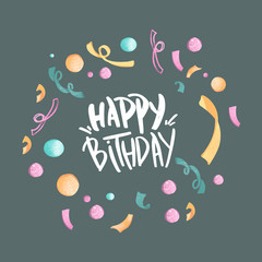 Digital art happy birthday square greeting card with inscription, cake, confetti on a green background. Print for wrapping paper, cards, web design, fabrics, gift bags and boxes.