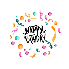 Digital art happy birthday square greeting card with inscription, cake, confetti on a white background. Print for wrapping paper, cards, web design, fabrics, gift bags and boxes.