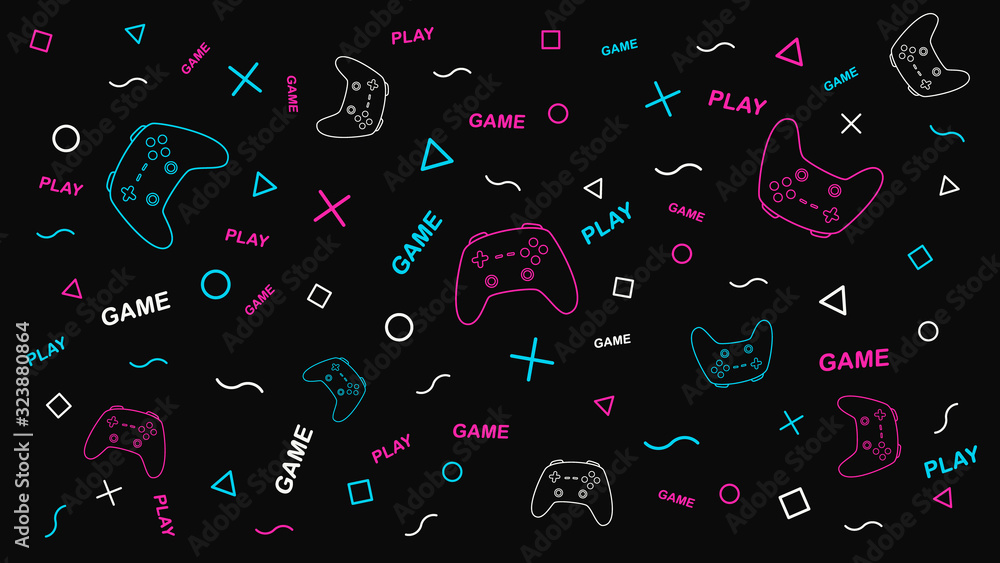 Poster Game background with gamepad and graphic elements. Joystick sign. Outline design vector illustration.