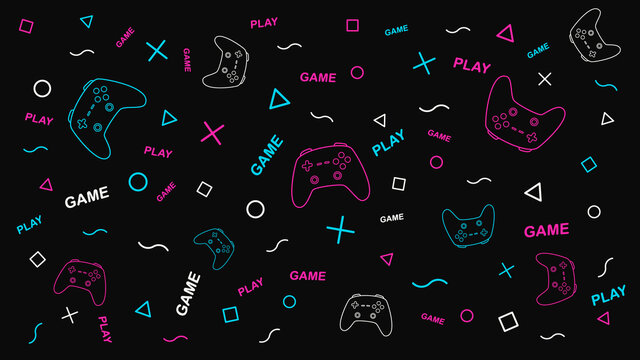 Game background with gamepad and graphic elements. Joystick sign. Outline design vector illustration.