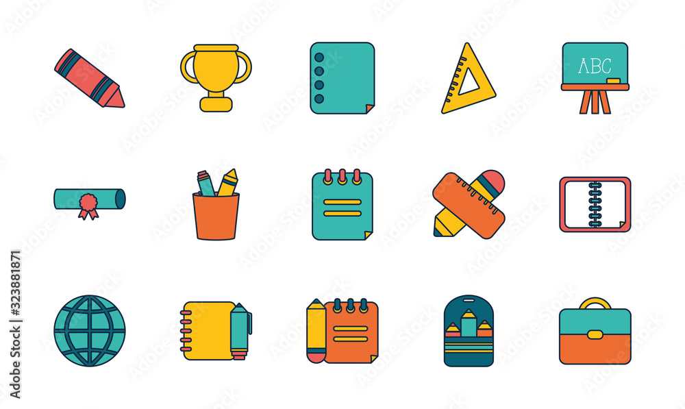 Poster isolated school line fill style icon set vector design