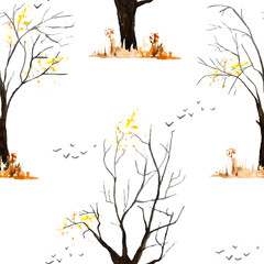 seamless watecolor hand drawn pattern with fall autumn trees with small yellow orange leaves ochre grass for nature lovers natural landscape woodland calm soft organic colors with flying birds