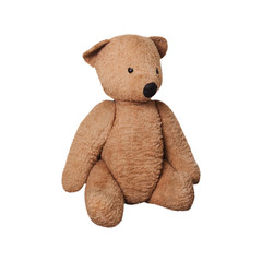Vintage Teddy bear isolated on white background. Aged things. Outdated household items. Old toy bear. Recicling of aged things
