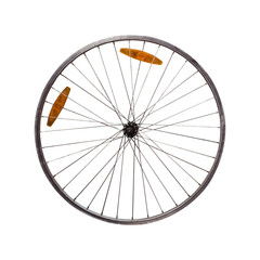 aged old bicycle wheel isolated on white background. Recicling of aged things. Repair of bicycle