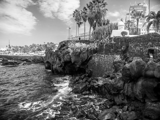 Black and white image of ocean lagoon in Puerto de la Cruz city on Tenerife island