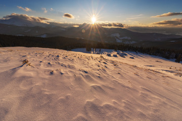 Wonderful morning in the mountainous valleys with houses in the Ukrainian Carpathians.	