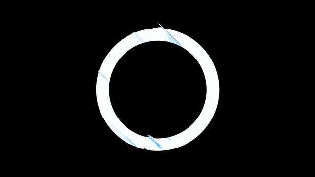 Round border frame with glitch effect. Glowing abstraction VFX 4k. Banner with motion of colorful particles turns white ring outline. Animation transition effect with alpha channel for promo, intro