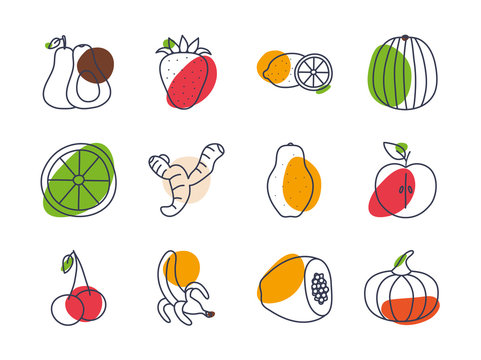 Fruits and vegetables line color style icon set vector design