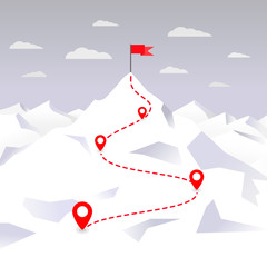 Mountain  route to peak with flag. Way to success. Way to top. Business journey path in progress to success vector concept. Mountain peak, climbing route to top rock – vector illustration